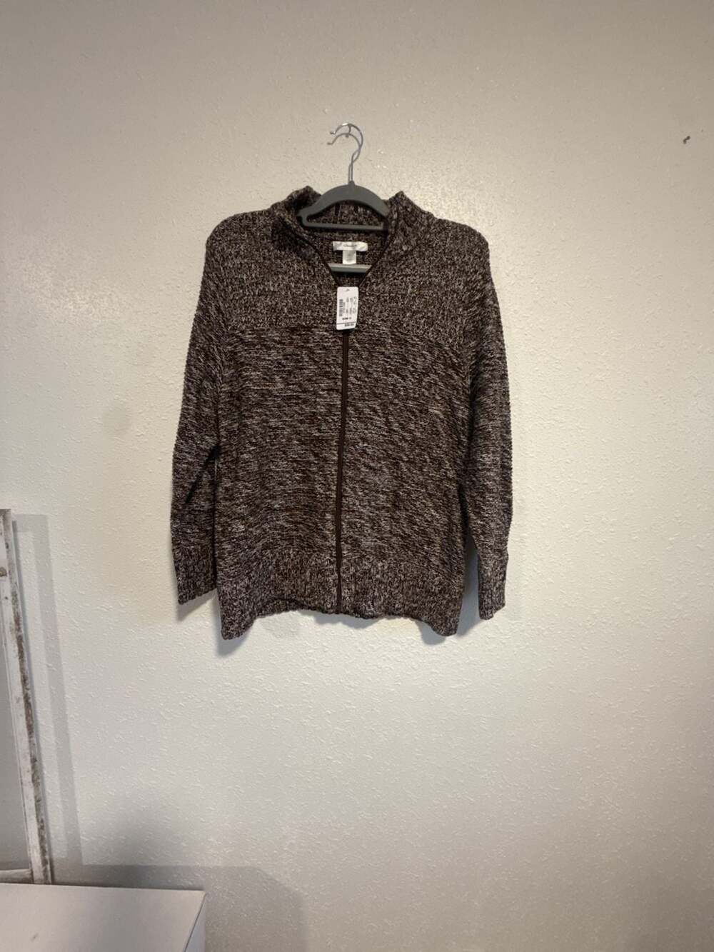 CJ Banks Women's Brown and White Marled Knit Full-Zip Mock Neck Sweater